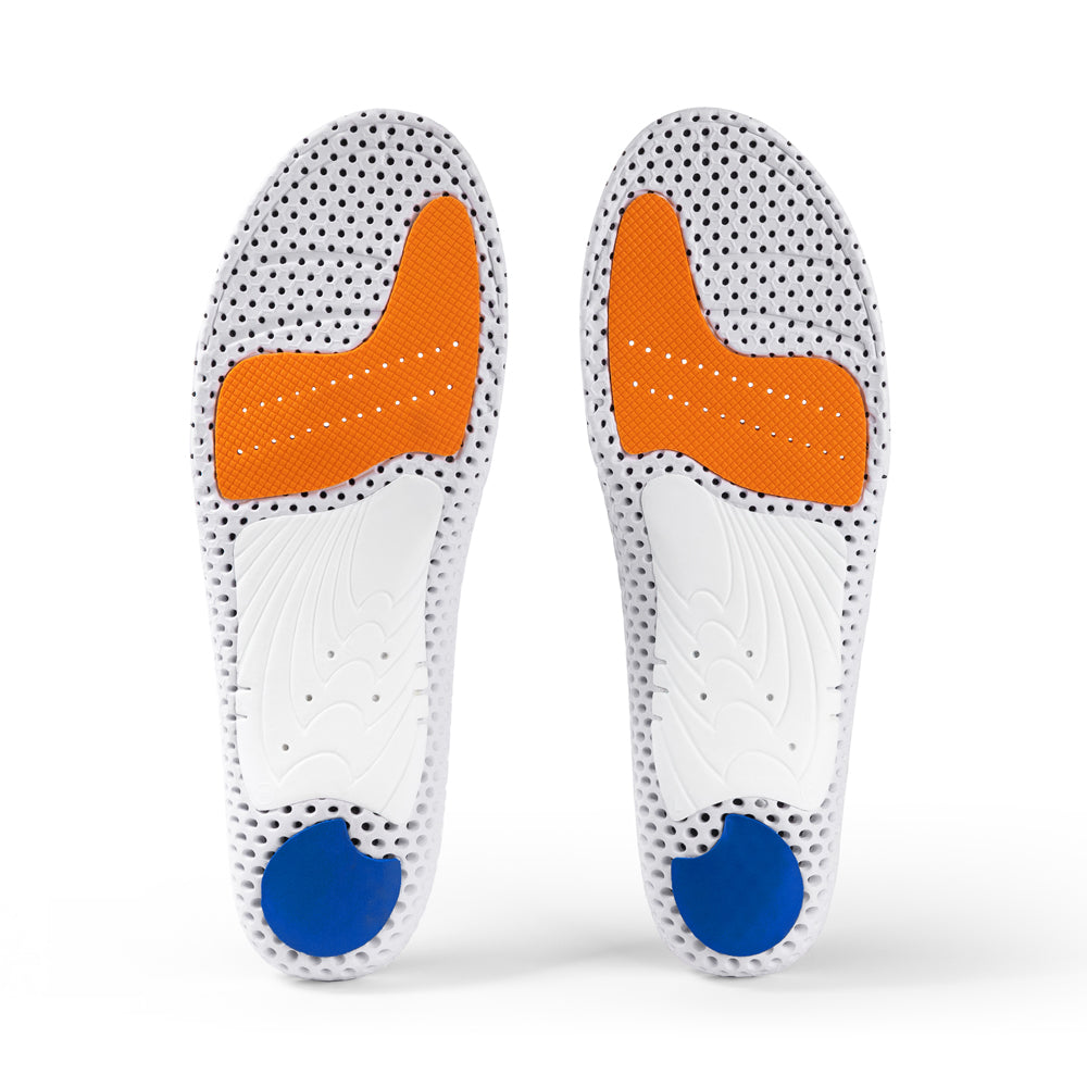 Base view of ACEPRO high profile insole pair with white arch support, blue heel pad, orange forefoot cushioning pad, white, orange, and blue base #profile_high