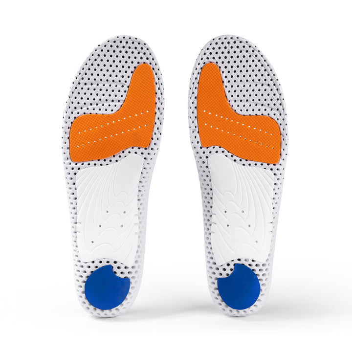 Base view of ACEPRO high profile insole pair with white arch support, blue heel pad, orange forefoot cushioning pad, white, orange, and blue base #profile_high