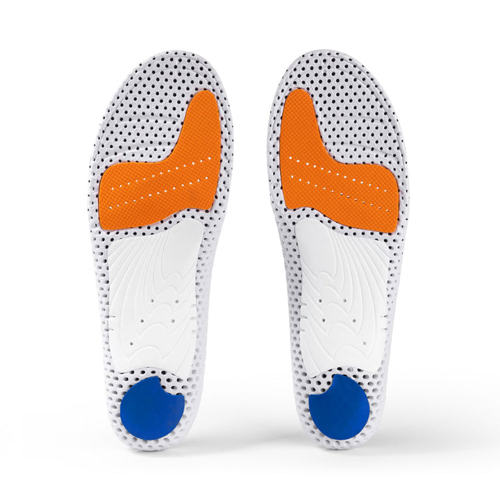 Base view of ACEPRO low profile insole pair with white arch support, blue heel pad, orange forefoot cushioning pad, white, orange, and blue base #profile_low