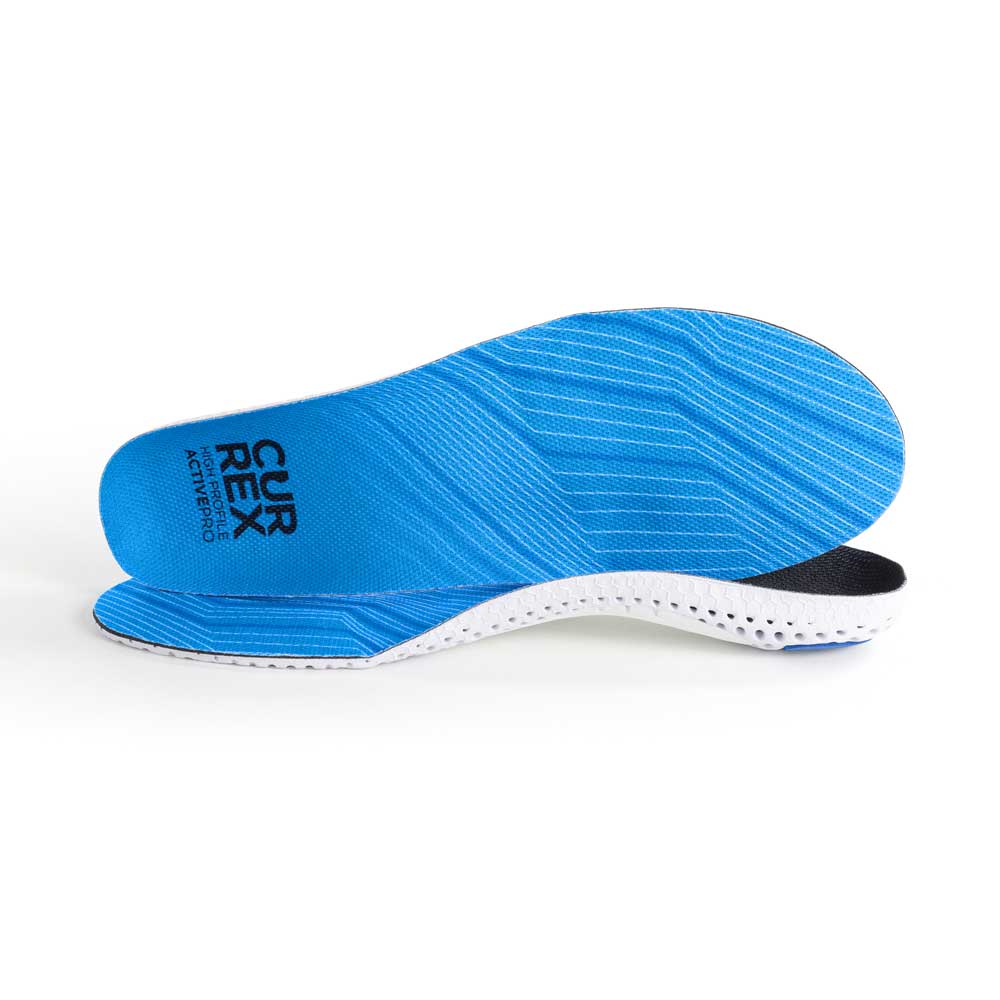 View of pair of blue high profile ACTIVEPRO insoles, one standing on side to show top of insole, second insole set in front showing its profile while toe is facing opposite direction #profile_high