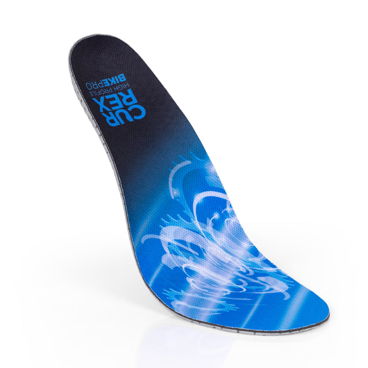 Floating top view of blue colored BIKEPRO high profile insoles with gray, red and black base #profile_high