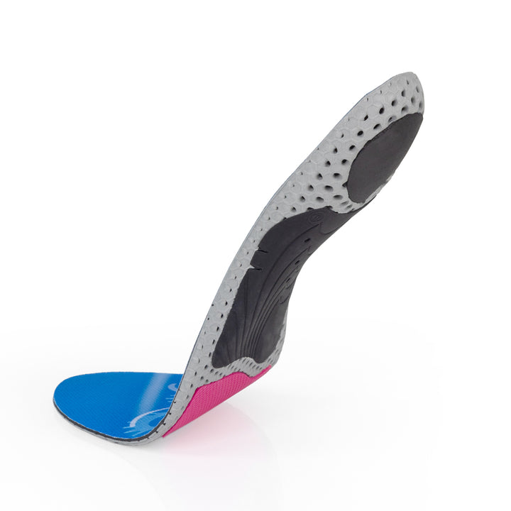 Floating base view of BIKEPRO high profile insoles with black arch support, black heel pad, red forefoot cushioning pad, gray, red and black base #profile_high