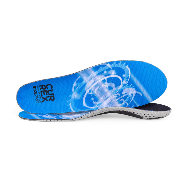 View of pair of blue high profile BIKEPRO insoles, one standing on side to show top of insole, second insole set in front showing its profile while toe is facing opposite direction #profile_high