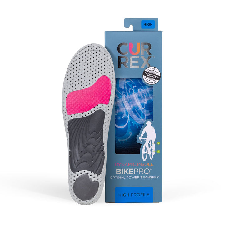CURREX BIKEPRO insole with gray, red and black base next to blue box with blue insole inside #profile_high