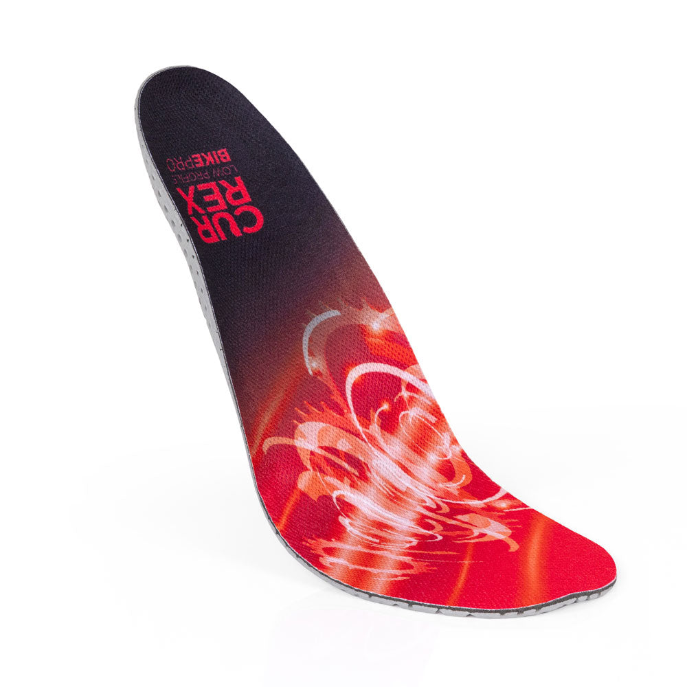 Floating top view of red colored BIKEPRO low profile insoles with gray, red and black base #profile_low