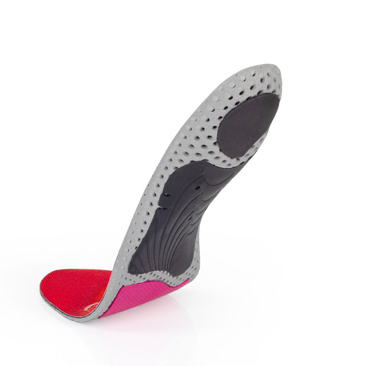 Floating base view of BIKEPRO low profile insoles with black arch support, black heel pad, red forefoot cushioning pad, gray, red and black base #profile_low