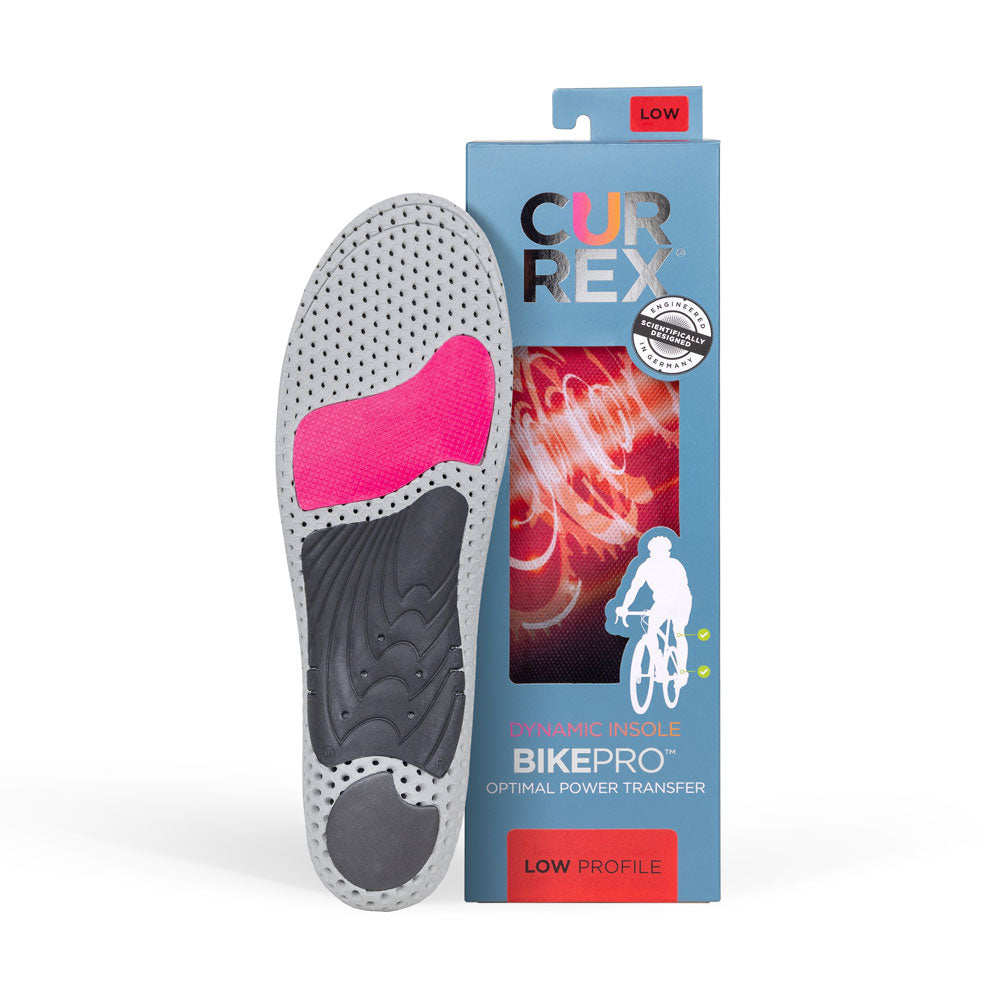 CURREX BIKEPRO insole with gray, red and black base next to blue box with red insole inside #profile_low