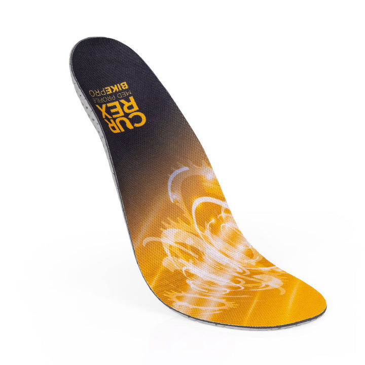 Floating top view of yellow colored BIKEPRO medium profile insoles with gray, red and black base #profile_medium