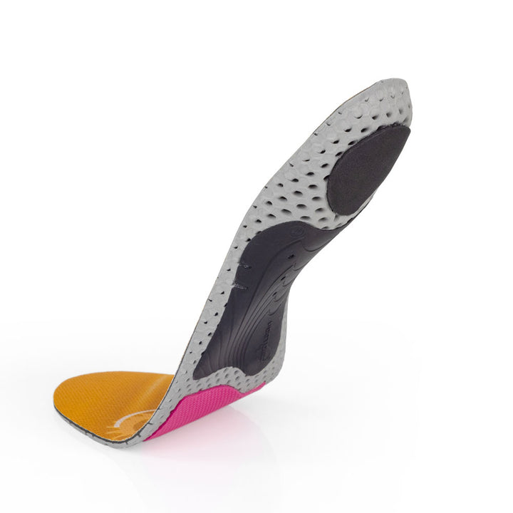 Floating base view of BIKEPRO medium profile insoles with black arch support, black heel pad, red forefoot cushioning pad, gray, red and black base #profile_medium