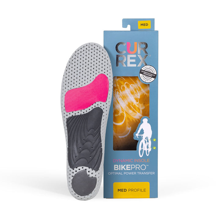 CURREX BIKEPRO insole with gray, red and black base next to blue box with yellow insole inside #profile_medium