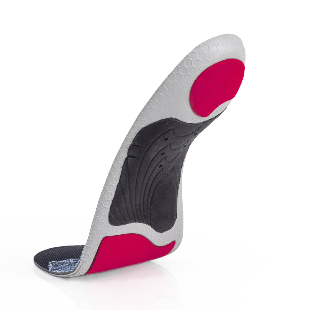Floating base view of EDGEPRO high profile insoles with black arch support, red heel pad, red forefoot cushioning pad, gray, red and black base #profile_high