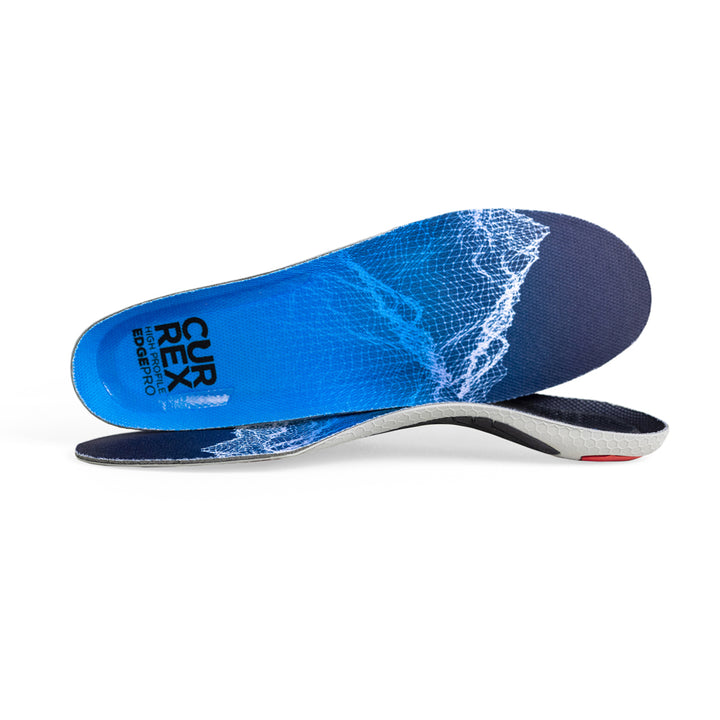 View of pair of blue high profile EDGEPRO insoles, one standing on side to show top of insole, second insole set in front showing its profile while toe is facing opposite direction #profile_high
