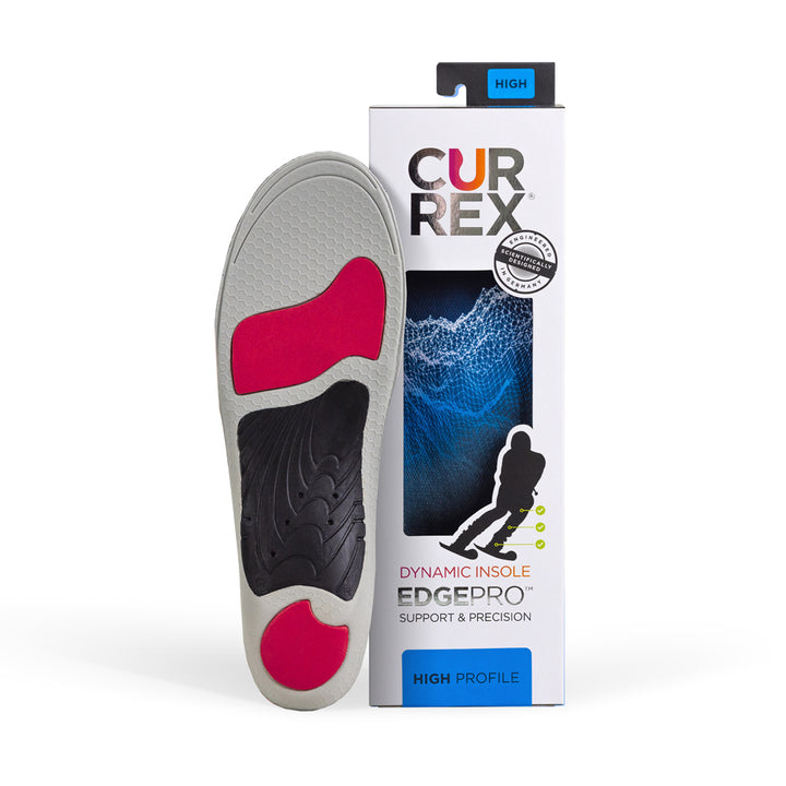 CURREX EDGEPRO insole with gray, red and black base next to white box with blue insole inside #profile_high