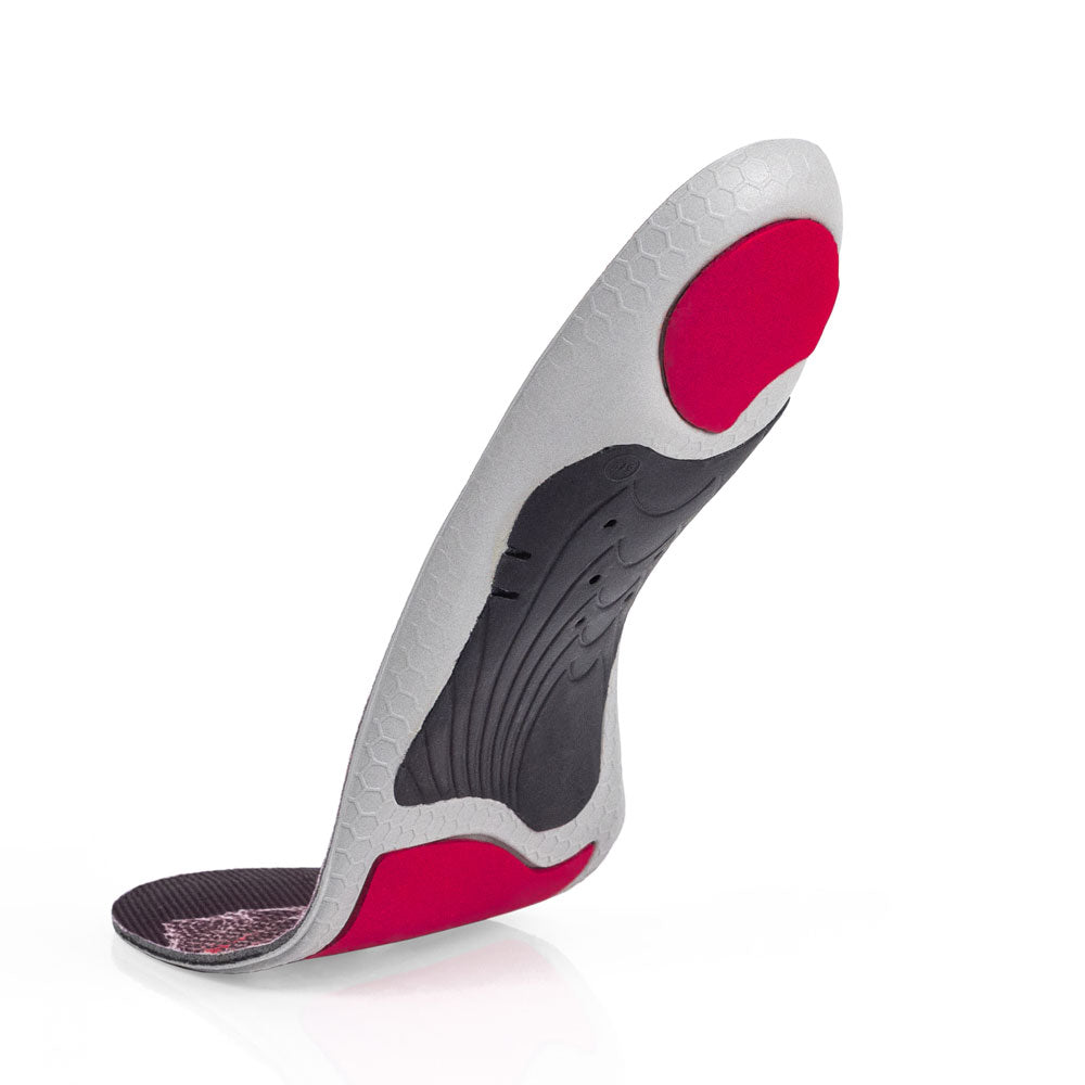 Floating base view of EDGEPRO low profile insoles with black arch support, red heel pad, red forefoot cushioning pad, gray, red and black base #profile_low