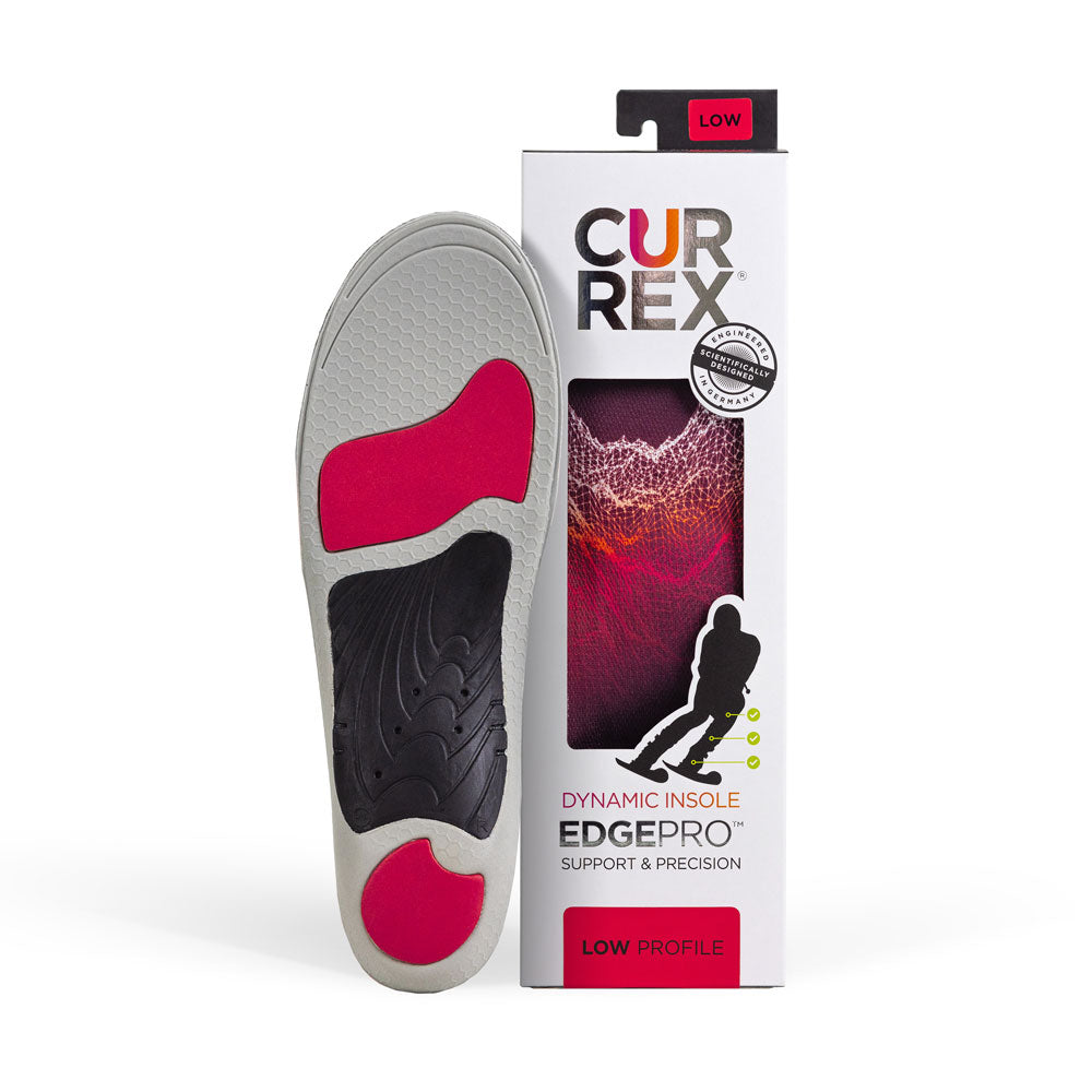 CURREX EDGEPRO insole with gray, red and black base next to white box with red insole inside #profile_low
