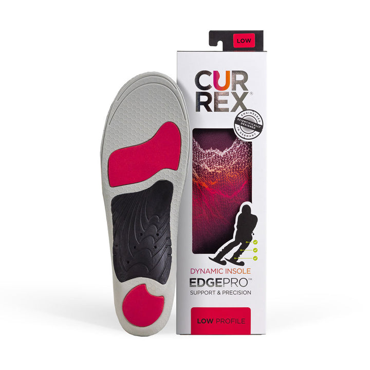 CURREX EDGEPRO insole with gray, red and black base next to white box with red insole inside #profile_low