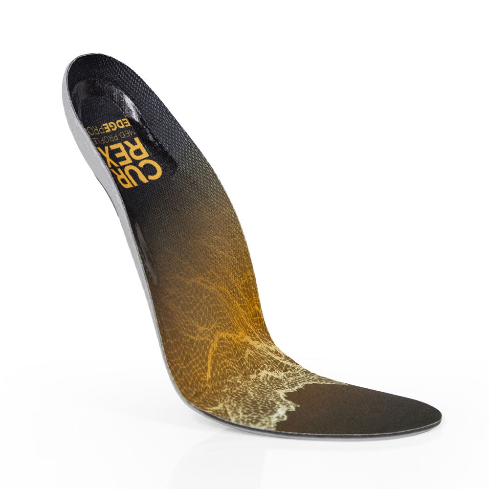 Floating top view of yellow colored EDGEPRO medium profile insoles with gray, red and black base #profile_medium