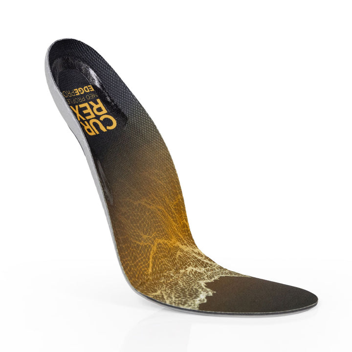 Floating top view of yellow colored EDGEPRO medium profile insoles with gray, red and black base #profile_medium