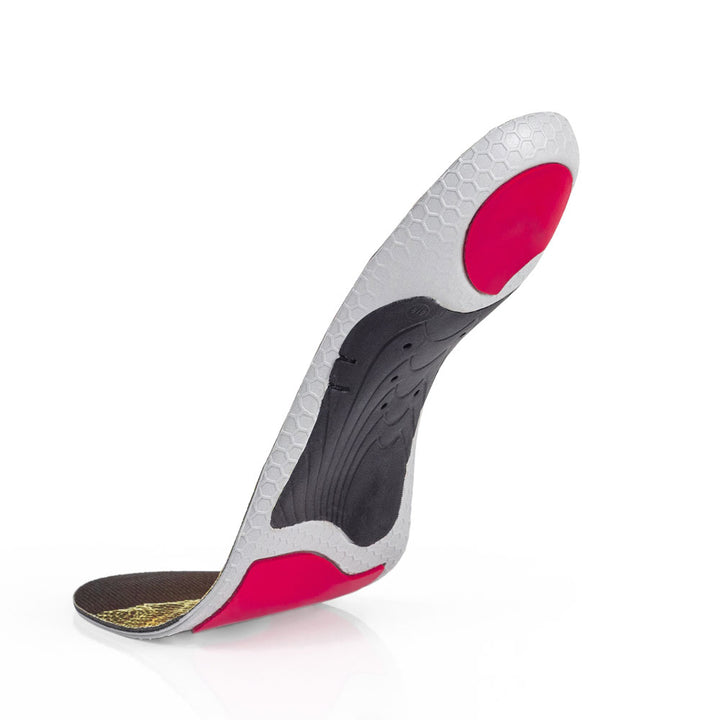Floating base view of EDGEPRO medium profile insoles with black arch support, red heel pad, red forefoot cushioning pad, gray, red and black base #profile_medium