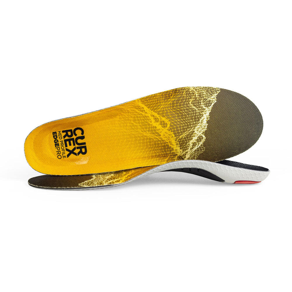 View of pair of yellow medium profile EDGEPRO insoles, one standing on side to show top of insole, second insole set in front showing its profile while toe is facing opposite direction #profile_medium