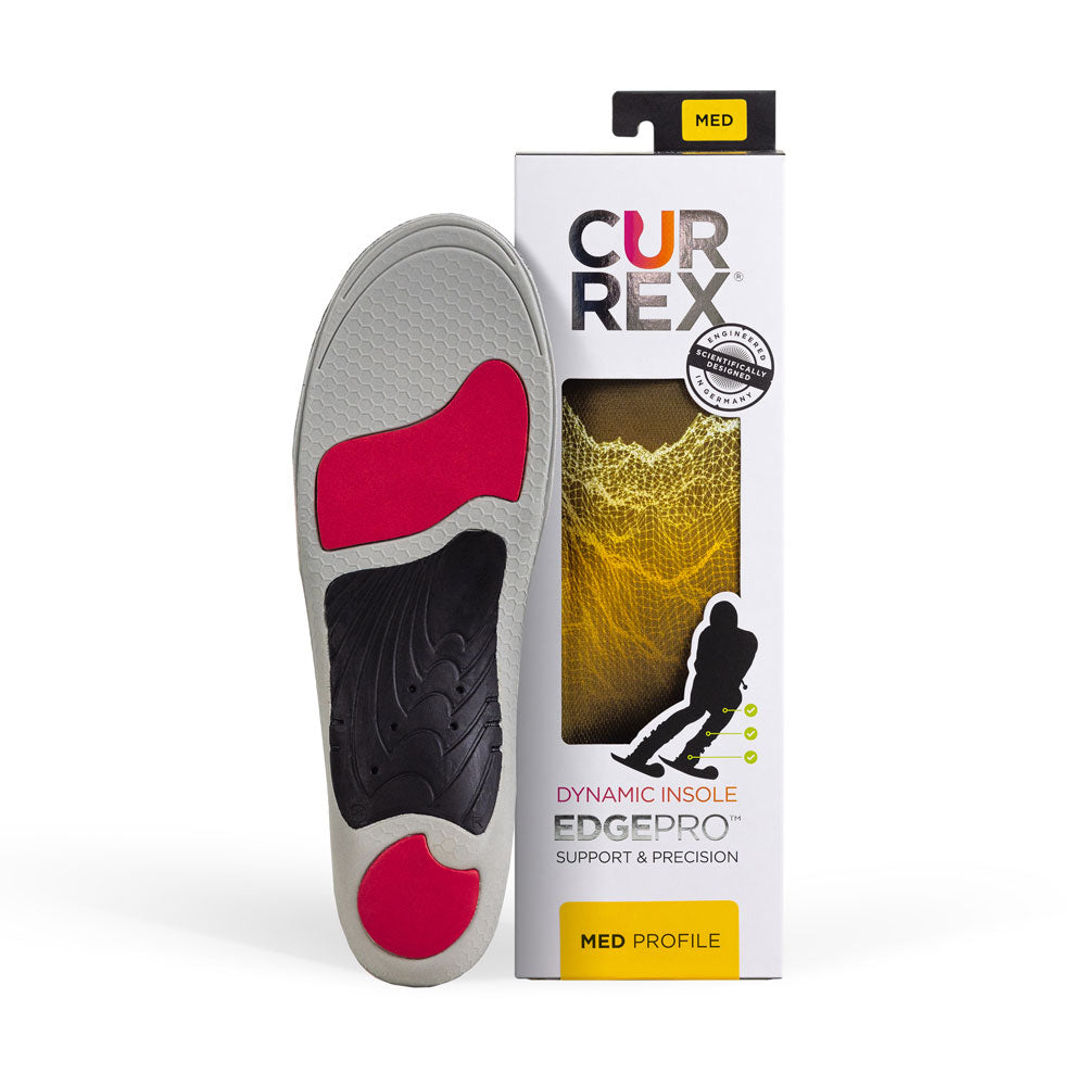 CURREX EDGEPRO insole with gray, red and black base next to white box with yellow insole inside #profile_medium