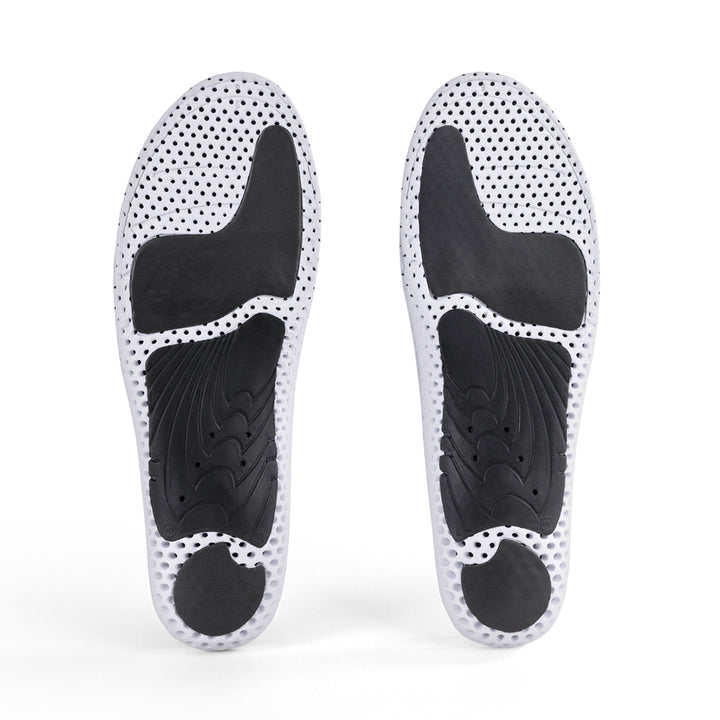 Base view of GOLFPRO high profile insole pair with black arch support, black heel pad, black forefoot cushioning pad, white and black base #profile_high