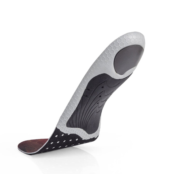 Floating base view of HOCKEYPRO low profile insoles with black arch support, black heel pad, black insulated forefoot cushioning, gray and black base #profile_low