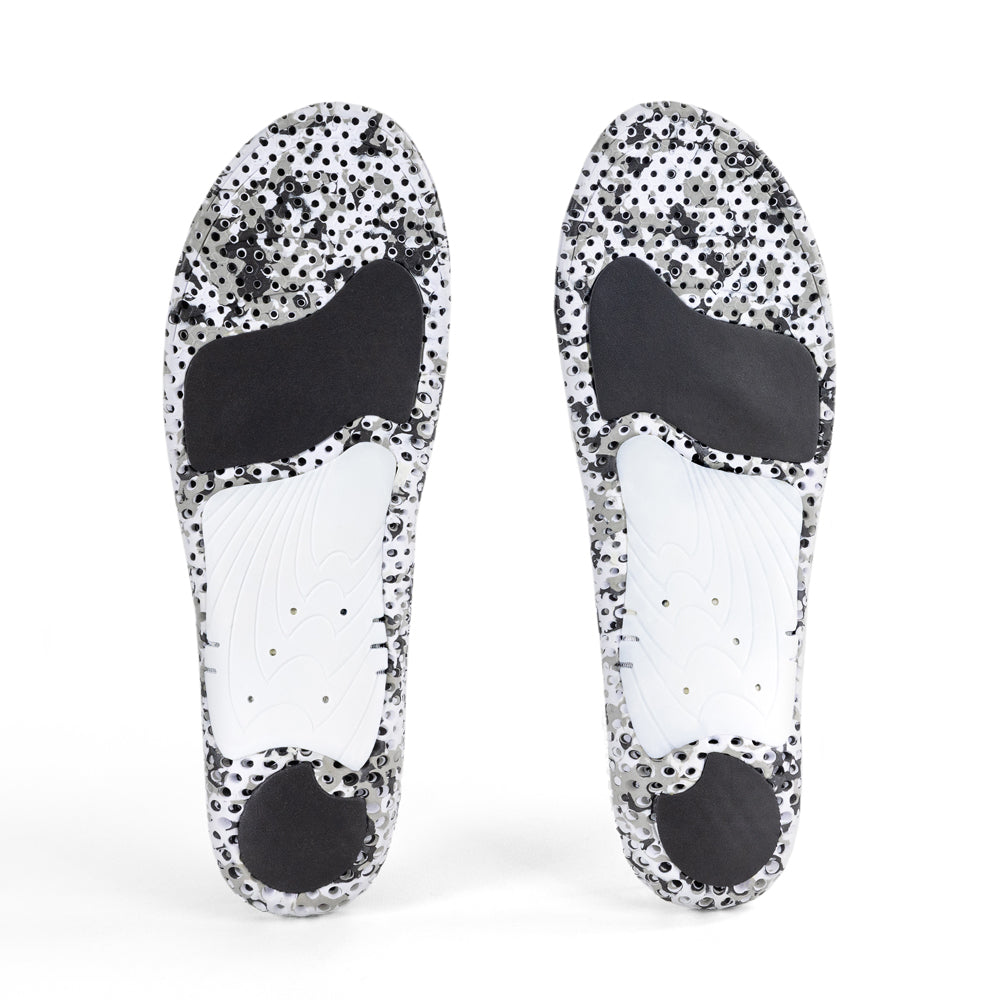 Base view of HIKEPRO high profile insole pair with white arch support, gray heel pad, black forefoot cushioning pad, white and black camo base #profile_high