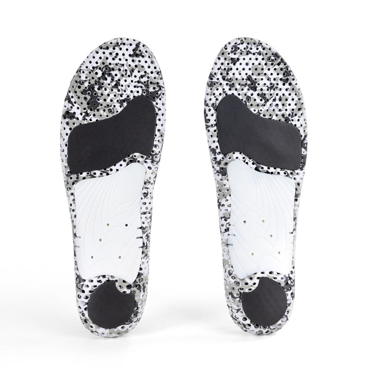 Base view of HIKEPRO high profile insole pair with white arch support, gray heel pad, black forefoot cushioning pad, white and black camo base #profile_high