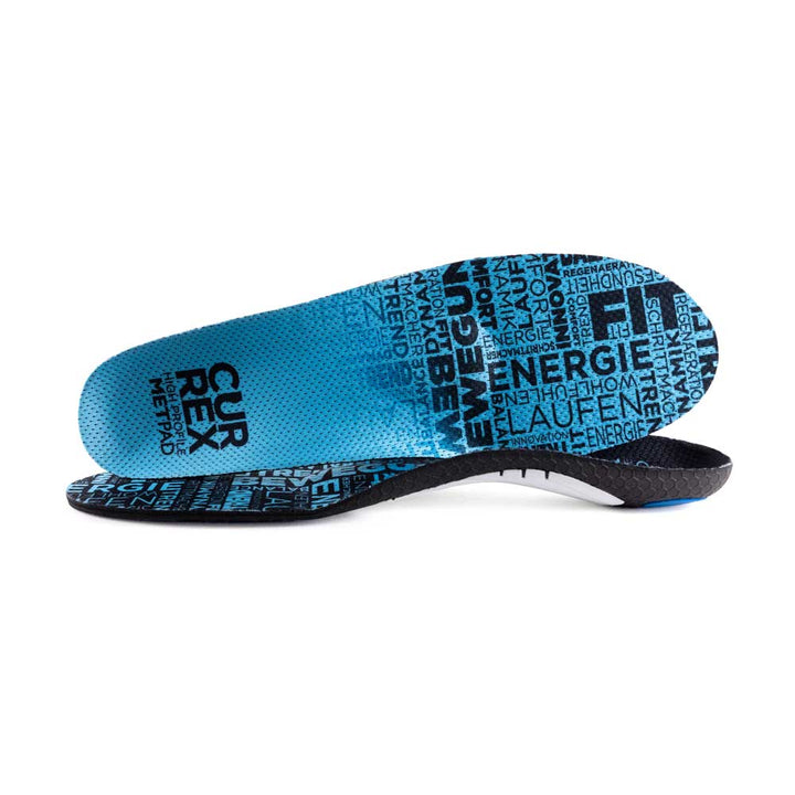 View of pair of blue high profile METPAD insoles, one standing on side to show top of insole, second insole set in front showing its profile while toe is facing opposite direction #profile_high