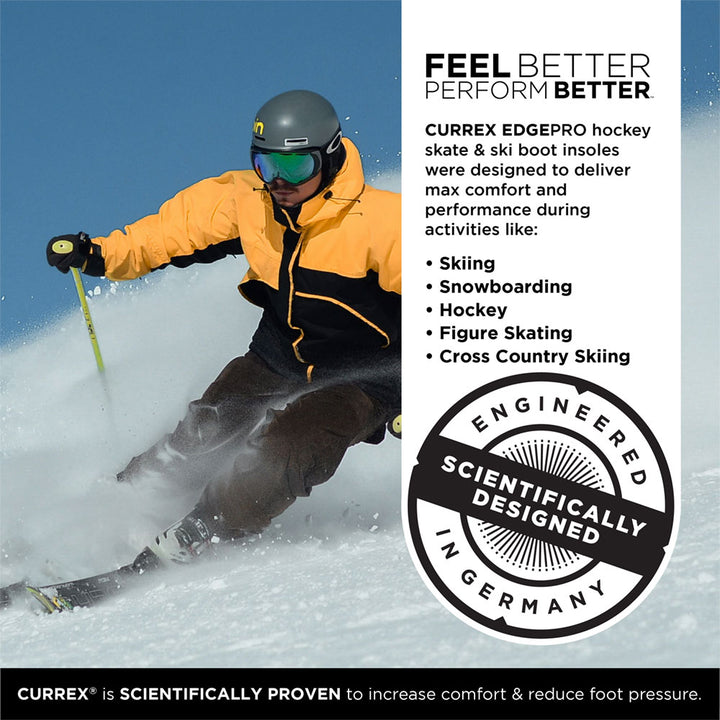 FEEL BETTER PERFORM BETTER™
CURREX EDGEPRO hockey skate & ski boot insoles were designed to deliver max comfort and performance during activities like: Skiing, Snowboarding, Hockey, Figure Skating, Cross Country Skiing
Engineered and scientifically designed in Germany.
CURREX® is SCIENTIFICALLY PROVEN to increase comfort & reduce foot pressure. #profile_medium