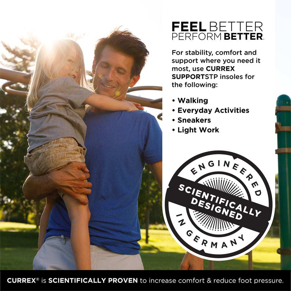 FEEL BETTER PERFORM BETTER™
For stability, comfort, and support where you need it most, use CURREX SUPPORTSTP insoles for the following: Walking, Everyday Activities, Sneakers, Light Work
Engineered and scientifically designed in Germany.
CURREX® is SCIENTIFICALLY PROVEN to increase comfort & reduce foot pressure. #profile_medium