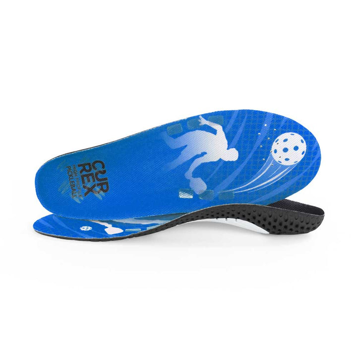 View of pair of blue high profile PICKLEBALLPRO insoles, one standing on side to show top of insole, second insole set in front showing its profile while toe is facing opposite direction #profile_high