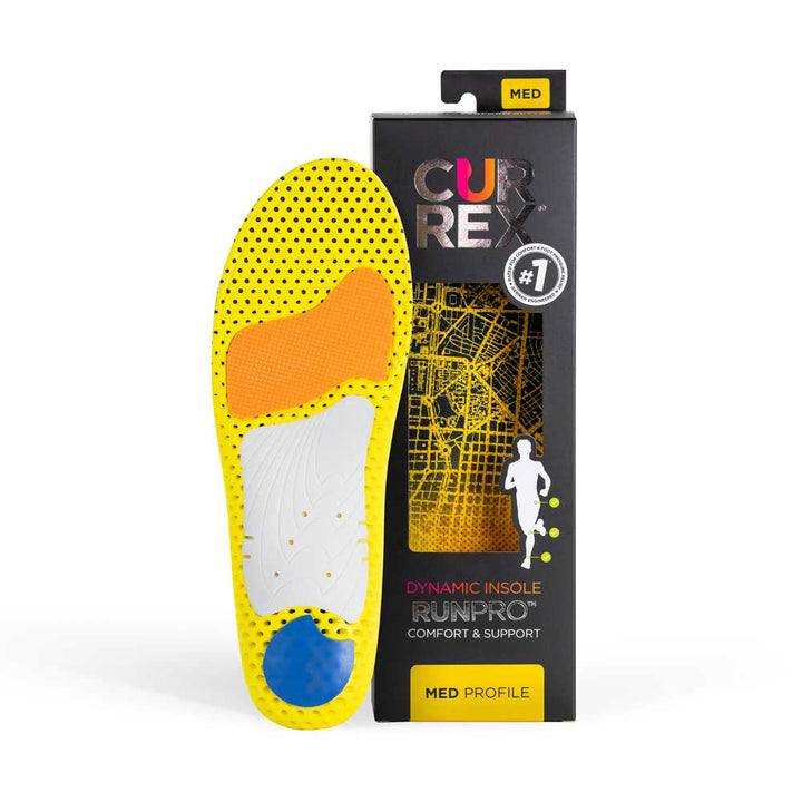 CURREX RUNPRO insole yellow, orange, white and blue base next to black box with yellow orange insole inside #profile_medium