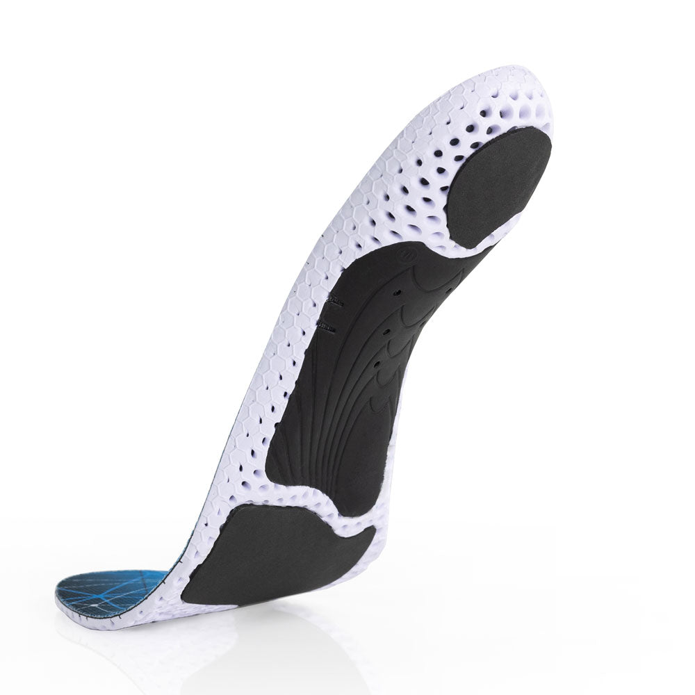 Floating base view of SUPPORTSTP high profile insoles with black arch support, black heel pad, black met cushion, white base #profile_high