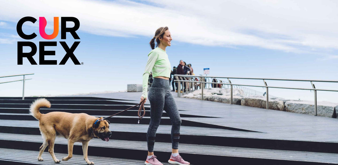 Woman walking her dog in front of some stairs outside