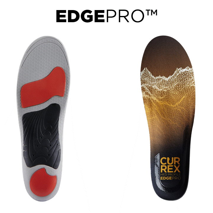 CURREX EDGEPRO: balanced cushioning base layer, firm insulating forefoot cushioning, standard top cover, narrow width for ski boots, firmer dynamic shell, supergrip zone, dense heel cushioning#profile_medium