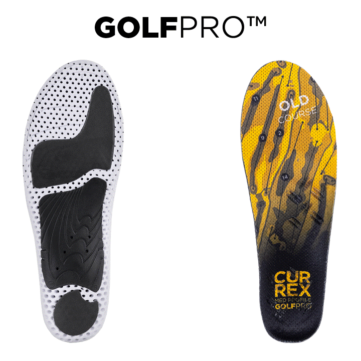 CURREX GOLFPRO: dense cushioning base layer, soft forefoot cushioning, moisture absorbing top cover, firmer dynamic shell, standard width, multiple supergrip zones, soft & energy absorbing heel cushioning #profile_high