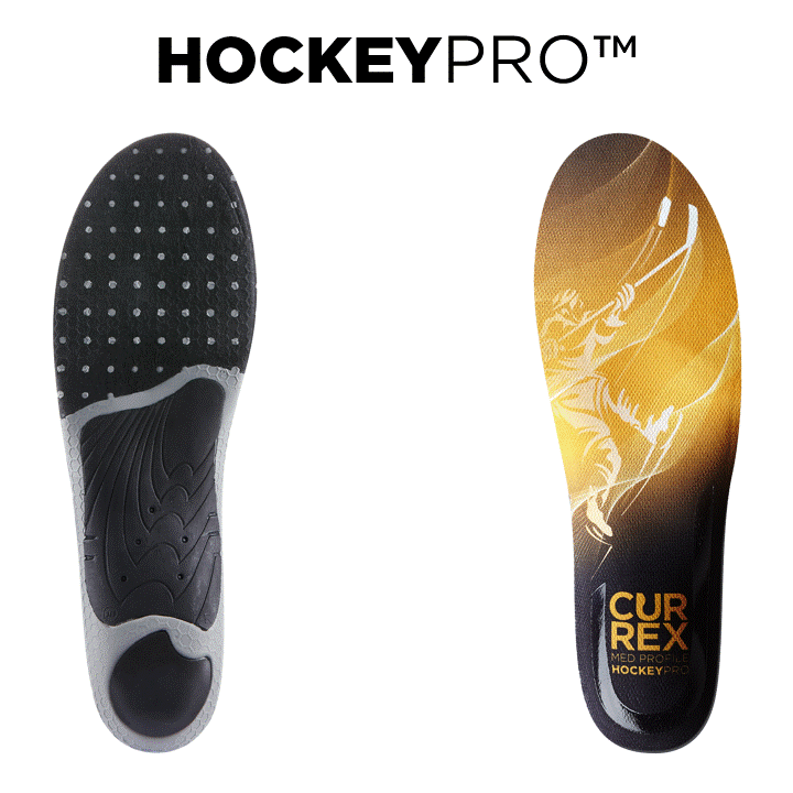 CURREX HOCKEYPRO: balanced cushioning base layer, firm insulating forefoot cushioning, standard top cover, firmer dynamic shell, narrow width, supergrip zone, soft & energy absorbing heel cushioning #profile_high