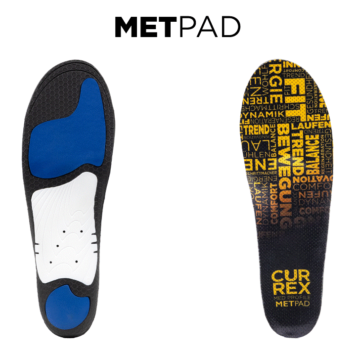 CURREX METPAD: balanced cushioning base layer, superior forefoot cushioning, added met pad, moisture absorbing top cover, dynamic shell, standard width, superior heel cushioning #profile_low