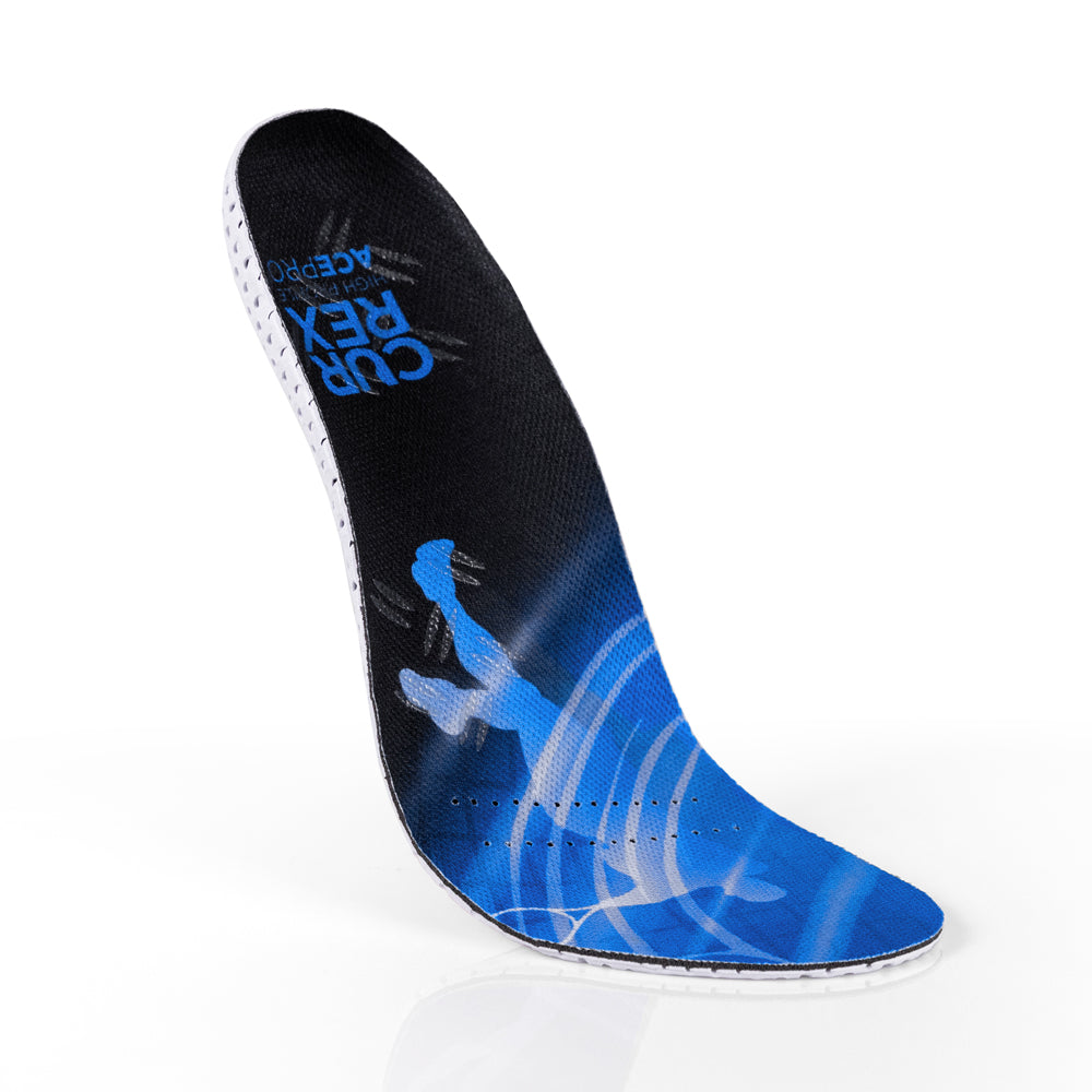 Floating top view of blue colored ACEPRO high profile insoles with white, orange, and blue base #profile_high