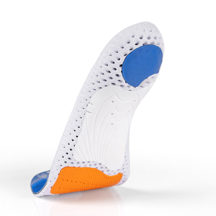 Floating base view of ACEPRO high profile insoles with white arch support, blue heel pad, orange forefoot cushioning pad, white, orange, and blue base #profile_high