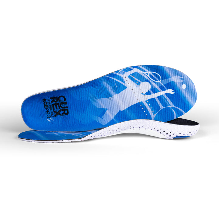 View of pair of blue high profile ACEPRO insoles, one standing on side to show top of insole, second insole set in front showing its profile while toe is facing opposite direction #profile_high