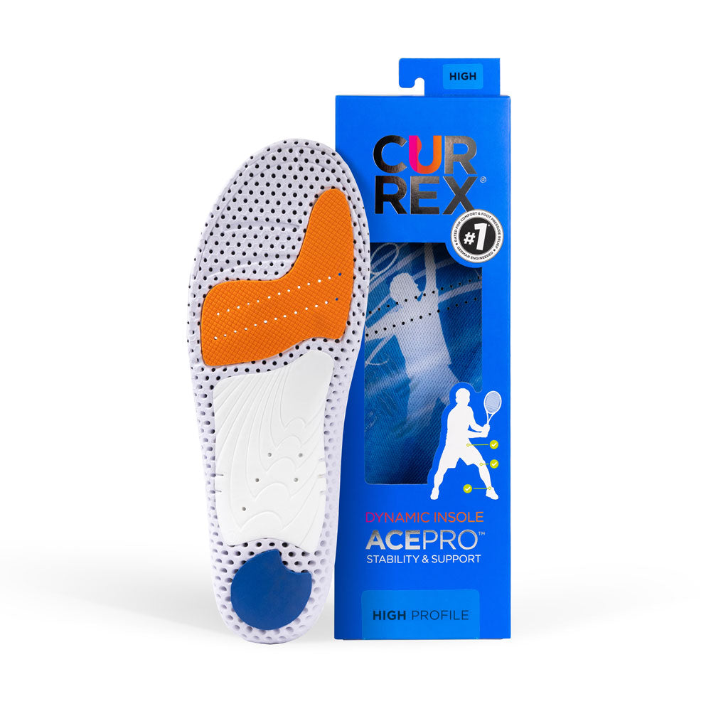 CURREX ACEPRO insole with white, orange, and blue base next to black box with blue insole inside #profile_high