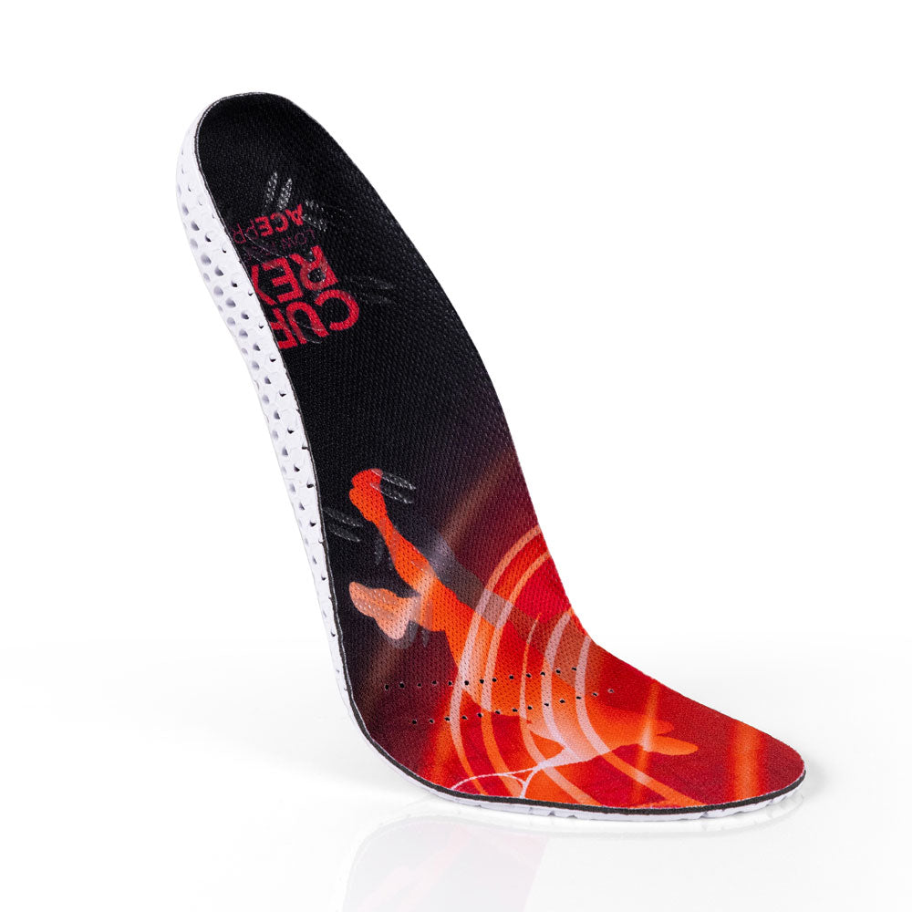 Floating top view of red colored ACEPRO low profile insoles with white, orange, and blue base #profile_low