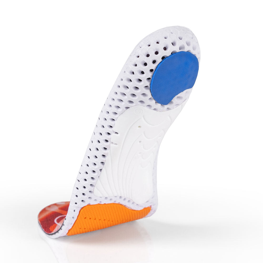 Floating base view of ACEPRO low profile insoles with white arch support, blue heel pad, orange forefoot cushioning pad, white, orange, and blue base #profile_low