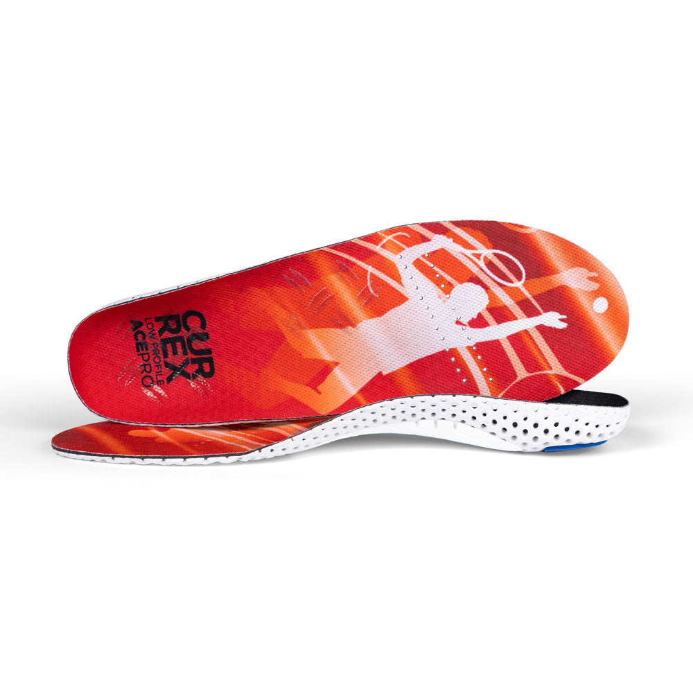 View of pair of red low profile ACEPRO insoles, one standing on side to show top of insole, second insole set in front showing its profile while toe is facing opposite direction #profile_low
