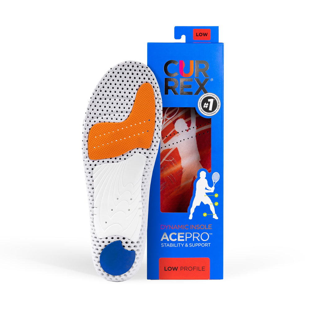CURREX ACEPRO insole with white, orange, and blue base next to black box with red insole inside #profile_low