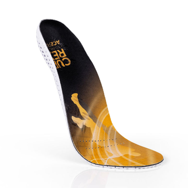 Floating top view of yellow colored ACEPRO medium profile insoles with white, orange, and blue base #profile_medium
