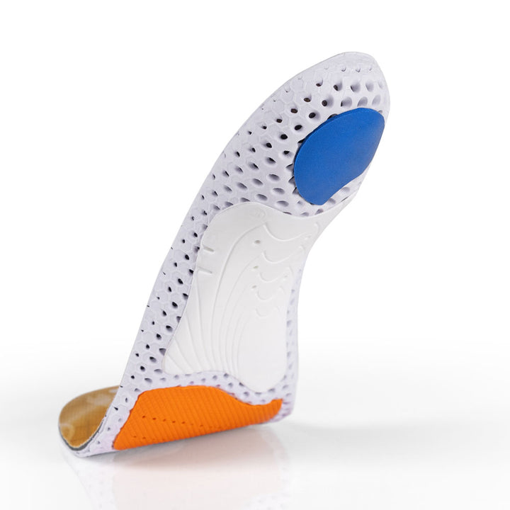 Floating base view of ACEPRO medium profile insoles with white arch support, blue heel pad, orange forefoot cushioning pad, white, orange, and blue base #profile_medium